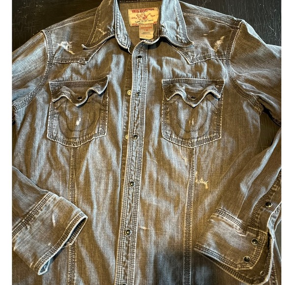 True Religion Denim Shirt Mens Button Down Long Sleeve Gray/Black Distressed - Picture 1 of 16